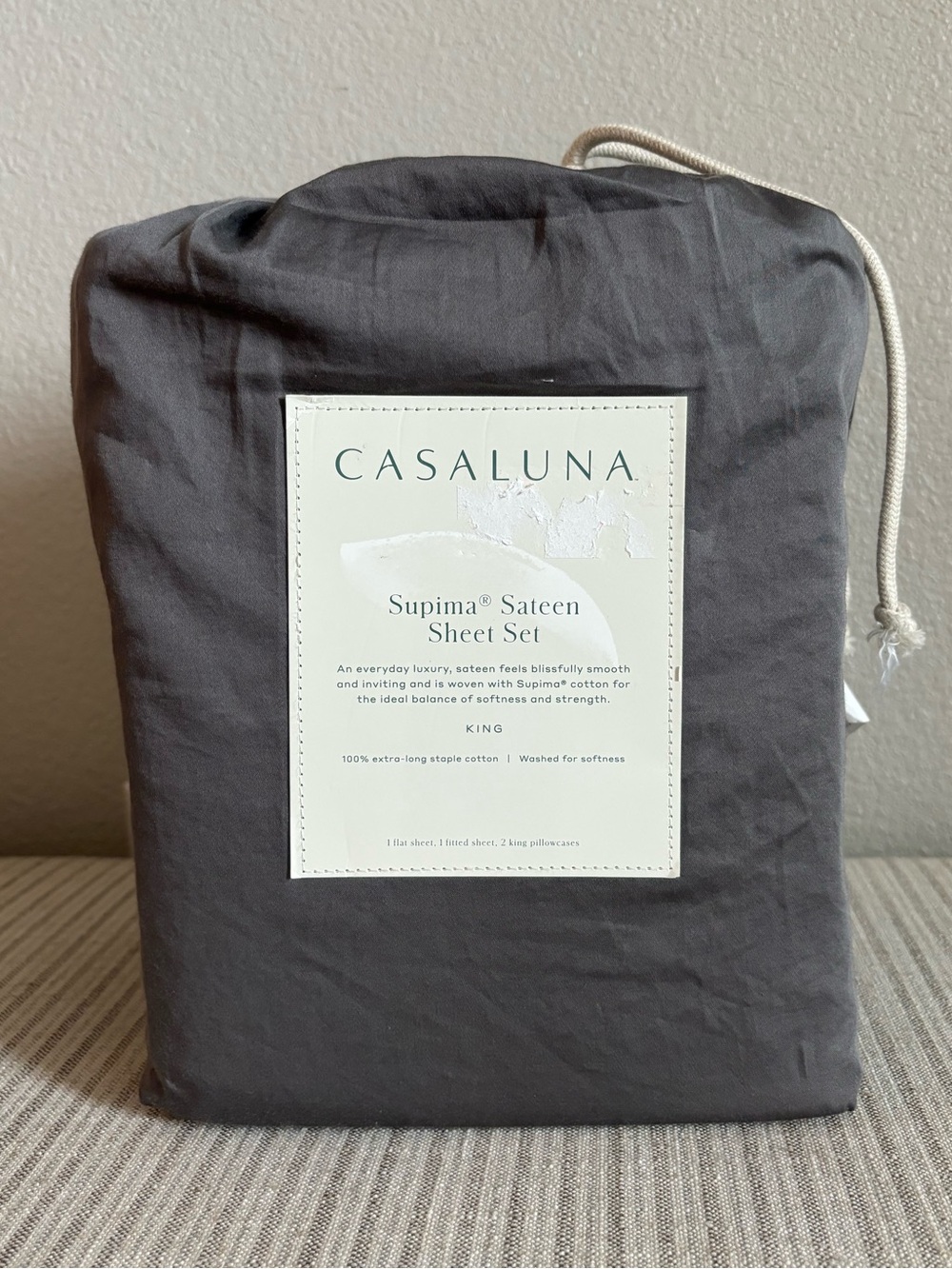 NWT King 500 Thread Count Washed Supima Sateen Solid Sheet Set Gray Casaluna
